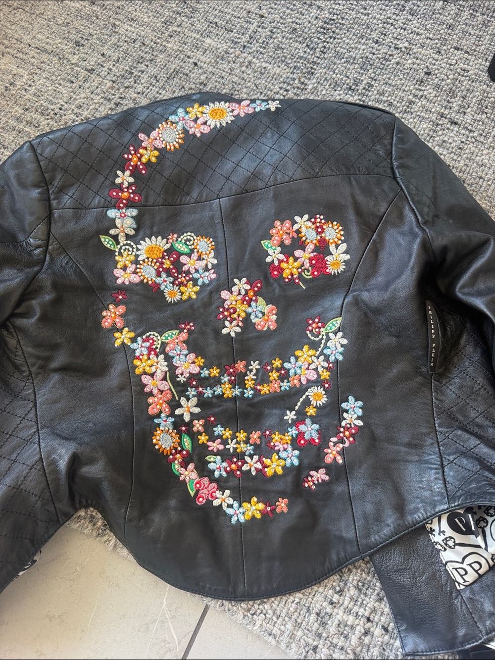Philipp Plein Black Leather Jacket with Multicolor Floral Skull Embroidery